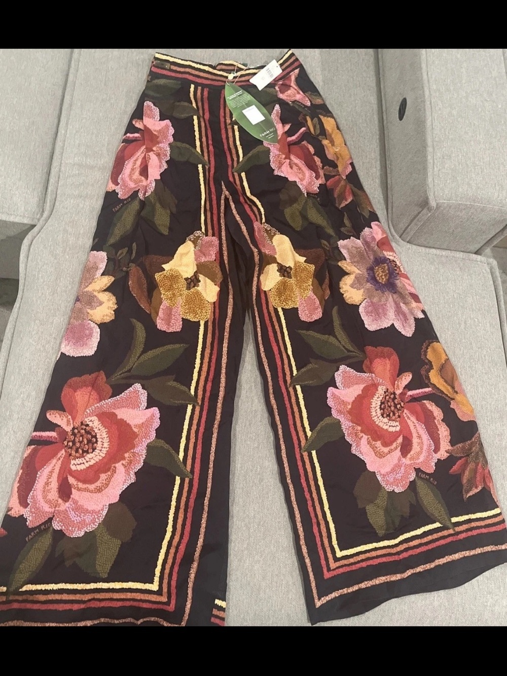 FARM Rio Anthropologie Black Wide-Leg Pants with Pink & Yellow Floral Stripes
